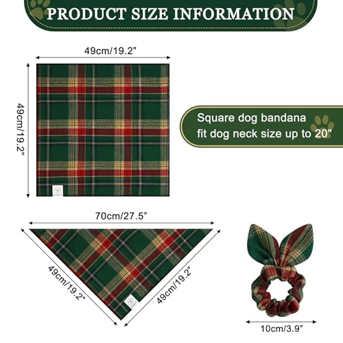 Christmas Dog Bandana & Matching Scrunchie Green Red Plaid Pet Dog Scarf Cute Dogs Costumes Accessories for Small Medium Large Dogs (green red plaid / Small-set of 1)