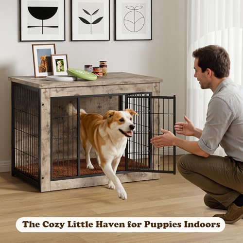 Wooden Dog Crate Furniture with Thick Cushion (M(23.6" x 22.1" x 25.3") / Greige)