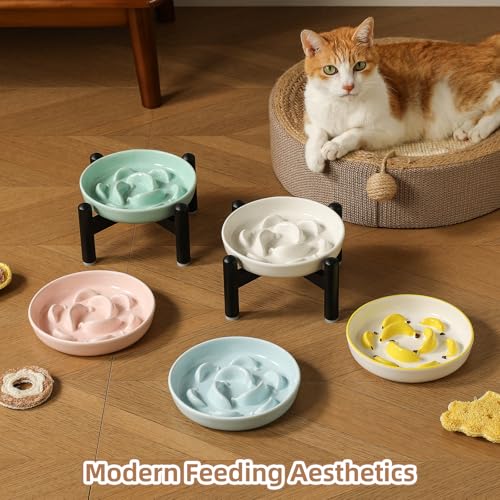 Ceramic Slow Feeder Cat Bowl (Yellow Raised (Metal) / 3.9"H Raised (Metal))