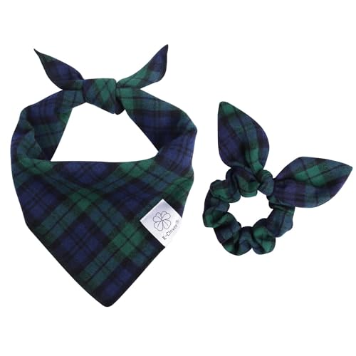 Blue Green Plaid Dog Bandanas Girl Matching Scrunchie Medium Large (03-plaid green / Large-set of 1)