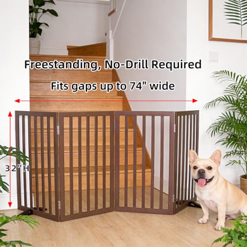 Freestanding Indoor Dog Gate for House Foldable Wood Puppy Gate for Doorways Pet Gate for Stairs Extra Wide Pet Fence (Brown / 【4 Panels】80''w x 32''h)