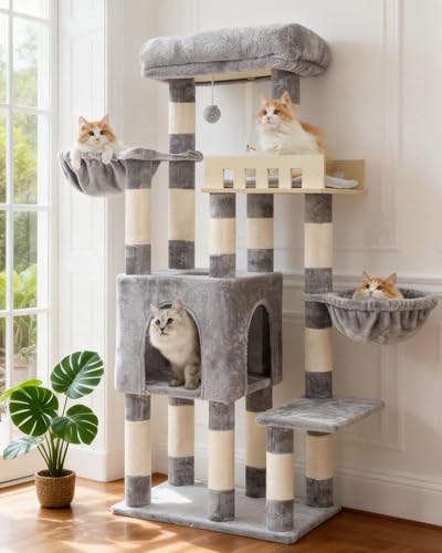 Sturdy Cat Tree Tower for Large Cats (52 inches / Light Gray)
