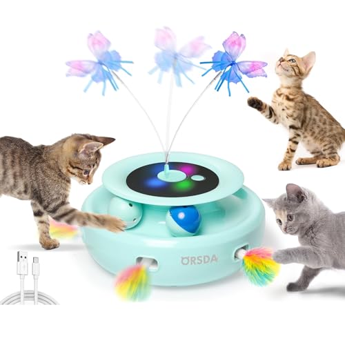 Cat Toy, 3-in-1 Automatic Interactive Electronic Moving Ambush Feather, Fluttering Butterfly, Track Balls, USB Rechargeable Powered Smart Indoor Exercise Kicker (Robin Egg Blue)