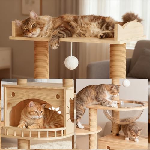 56.7" Solid Wood Cat Tree for Large Cats