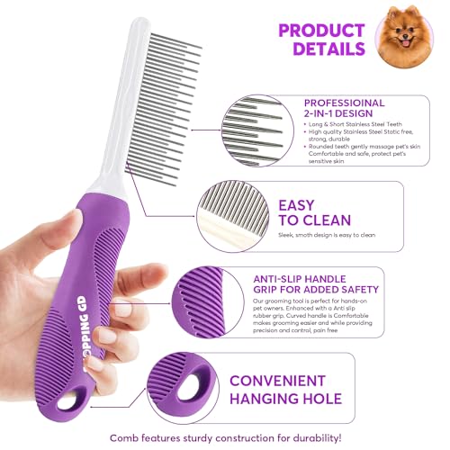 Detangling Pet Comb for Dogs & Cats with Long & Short Stainless Steel Metal Teeth for Removes Tangles and Knots