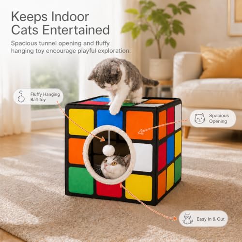Cat Condo House with Reversible Cushions and Fluffy Ball Hanging (Large)