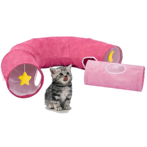Cat Tunnel Large Indoor Durable Collapsible Interactive Cat Tube with Peek (PINK)