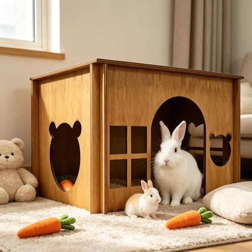 Large Sturdy Wooden Rabbit Castle Hideout with Spacious Balcony (Brown Style 2 / Large)