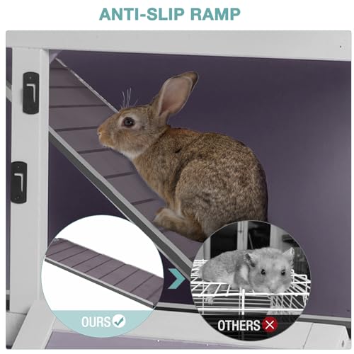 2 Tier Wooden Rabbit Hutch Indoor Bunny House Guinea Pig Cage with Sliding Plastic Trays Wheels for Easy Cleaning Ventilation Design and Mobility (Light Grey)