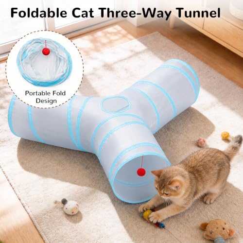 Cat Tunnel, 3-Way Collapsible Toy, Large Size Light Grey & Blue (Light Grey & Blue / Large)