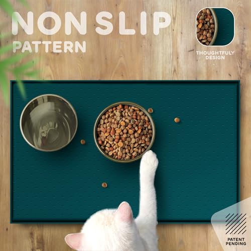 Dog Food Mat 28x18 Raised Edges Dogs Mat for Food and Water Prevent Spill (28" x 18" / Lake Blue)