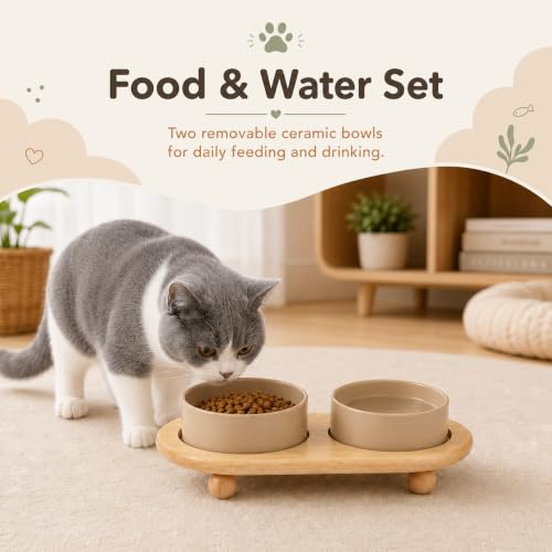 Raised Cat Bowl 5.1” Elevated Ceramic Cat Food and Water Bowl Set (Greige)