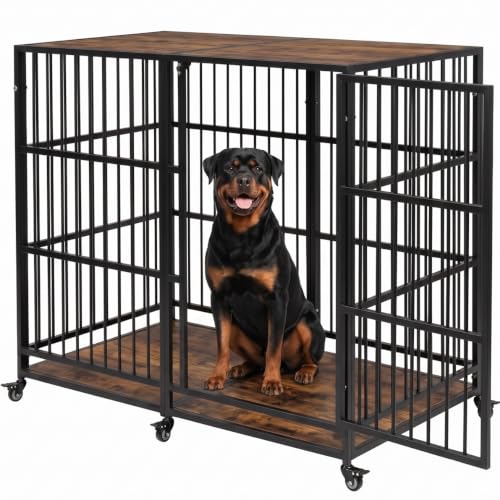 54" Heavy Duty Dog Crate Furniture for Large and Medium Dogs (Black + Rustic Brown)