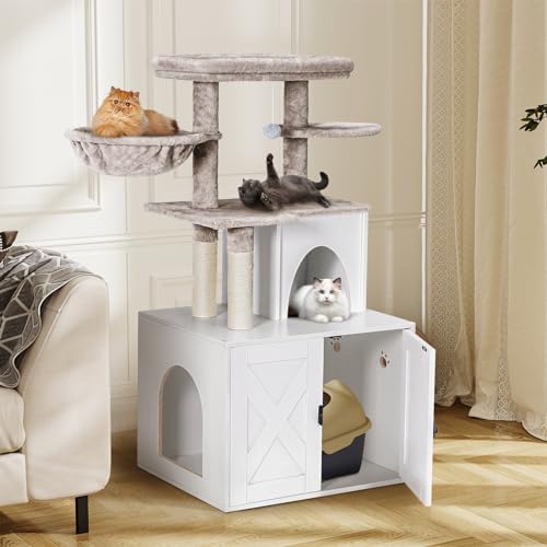 Cat Litter Box Enclosure with Cat Tree Tower and Condo (White)