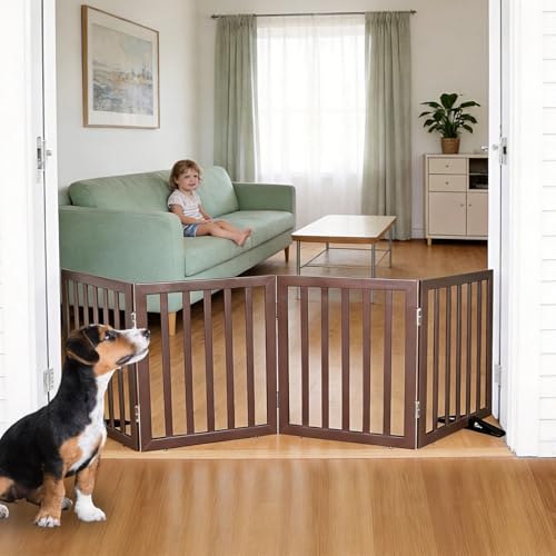 Freestanding Indoor Dog Gate for House Foldable Wood Puppy Gate for Doorways Pet Gate for Stairs Extra Wide Pet Fence (Brown / 【4 Panels】80''w x 24''h)