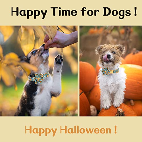 Halloween Dog Collar with Flower Tie Pumpkin Cotton Collar Adjustable Puppy Collar for Small Medium Large Dogs (Large / B-Green pumpkin)