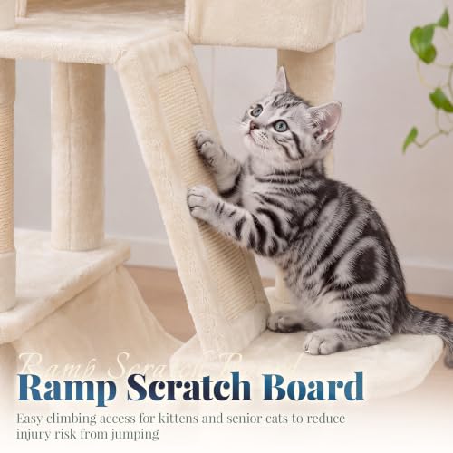 Cat Tree Tower with Padded Platform Bed (53 Inch / Beige)