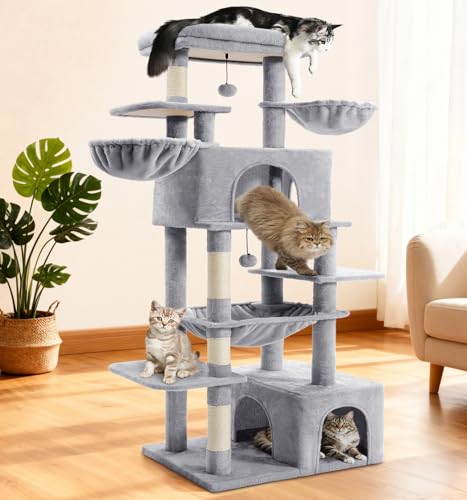 68" Multi Level Large Cat Tree Tower for Indoor Cats (Light Grey)