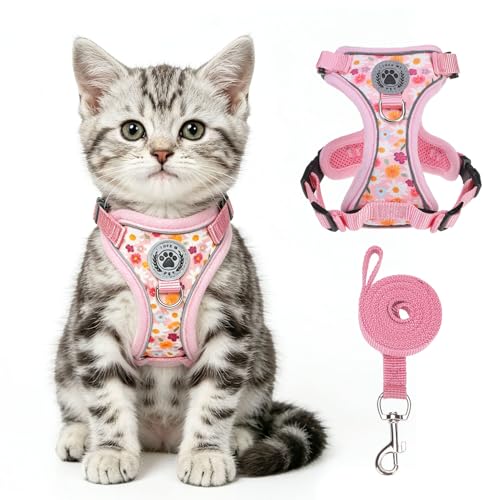 Cat Harness and Leash (Pink Flower / Small (Chest: 13 - 16"))