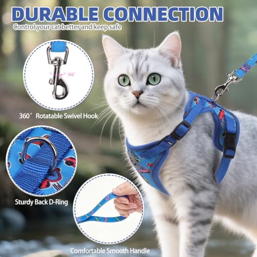 Cat Harness and Leash Set Escape Proof Reflective Cat Walking Harness Adjustable Soft Breathable Mesh Vest for Small Pets (S (NECK 9.5"-11", CHEST 13"-16") / Blue(Cars))