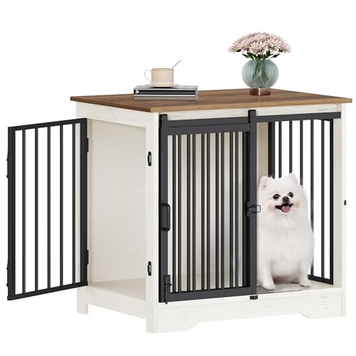 27.2" S Dog Crate Furniture Indoor Dog Kennel with Barn Door (White Brown / 27.2"L x 19.3"W x 25.4"H)