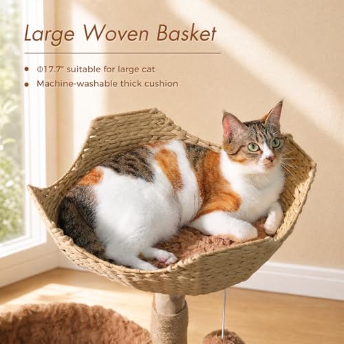 Modern Cat Tree with Real Wood&Wicker Basket for Large Cats Brown (Brown)