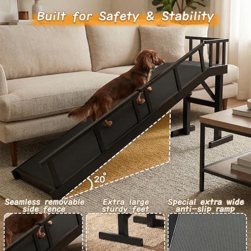 73" Dog Ramp for Bed with Rest Platform & Glow Strips (Black / 73.2"L x 25"H x 15.7"W)