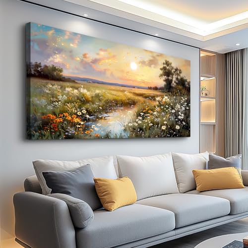 Canvas Wall Art For Living Room Wall Decor For Bedroom Office Decorations Vintage Farmhouse Wildflower Wall Paintings Nature Landscape Picture Artwork Aesthetic Home Decor Ready To Hang (40"L x 20"W / Rural Scenery)