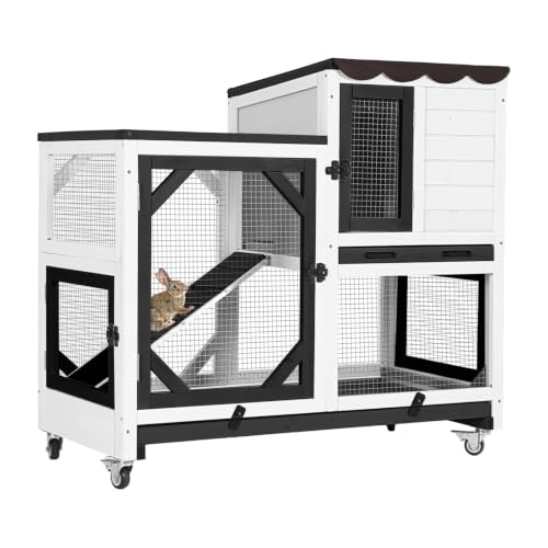 Rabbit Hutch Indoor Rabbit Cage with Wheels Outdoor Bunny House 2 Story Guinea Pig Cage with Leakproof Tarp Roof (Whiet)