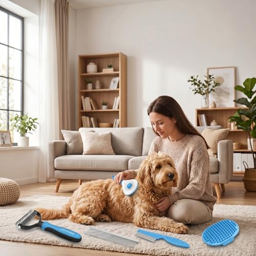 5-in-1 Dog Grooming Kit with Self Cleaning Brush & Rake, Blue (Blue)