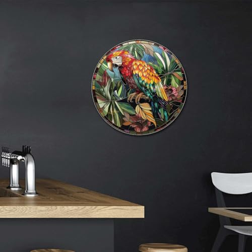 Metal Sign Tin Sign Circular Stained Glass Parrot Funny Outdoor Decor for Restaurant 12×12 Inches (12×12 Inches / Parrot)