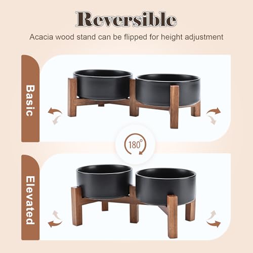 Ceramic Dog Bowls with Acacia Wood Stand (13.52 Oz / Black)