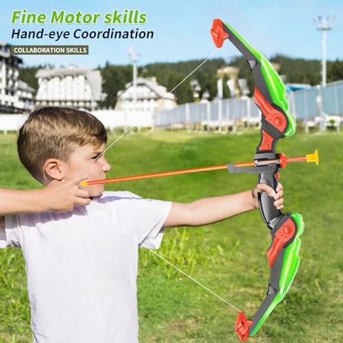 2 Pack Set Kids Archery Bow Arrow Toy Set Outdoor Hunting Play with 2 Bow 20 Suction Cup Arrows 2 Target & 2 Quiver (Green With Blue)