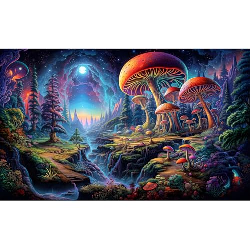Forest Aquarium Background Fantastic Cartoon Forest Landscape with Mushrooms and Flowers Terrarium Background Fantasy Pine Tree Mysterious Mushroom Theme Fish Tank Backdrop Poster Decor 30x12in (30(W)x12(H)in / Purple Orange)