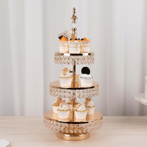 Efavormart 3 Tier Crystal Beaded Gold Metal Cake Stand (3-Tier 26" Crystal / Gold)