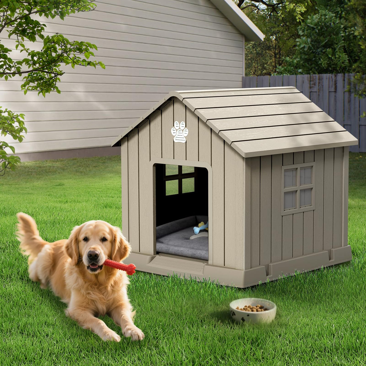 Dog House Indoor Outdoor for Small to Large Sized Dogs 38'' Resin Outdoor Dog House with Ventilation Waterproof Puppy Shelter with Elevated Floor (Grey / 37.8'' * 40.87'' * 38.82'')