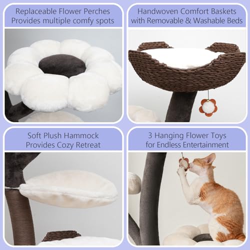 Floral Large Cat Tree with Handcrafted Basket Beds & Flower Perches