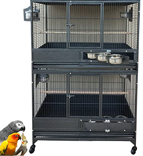 Extra Large Stackers Heavy Duty Wrought Iron Breeder Parrot Aviary Bird Breeding Rolling Cage with Side Nest Box Doors Metal Pull Out Grate and Tray (Black Vein)