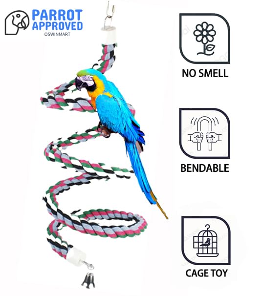 65 inch Length Colorful Cotton Bendable Rope Perch Swing Bird Chew Toys Amazon Parrots Cage Toys with Bell Swing Climbing Standing Bungee Bird Toys for Large to Regular Birds (65'x1pc)