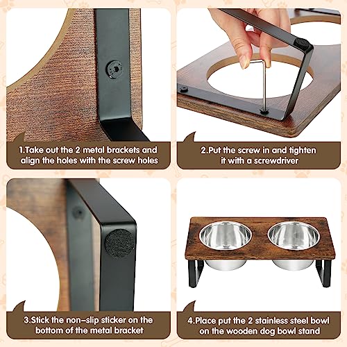 Elevated Dog Bowls for Small Medium Wood Dogs Raised Bowl Stand with 2 Stainless Steel Deep Dog Food and Water Bowls (Walnut-Small&Medium)