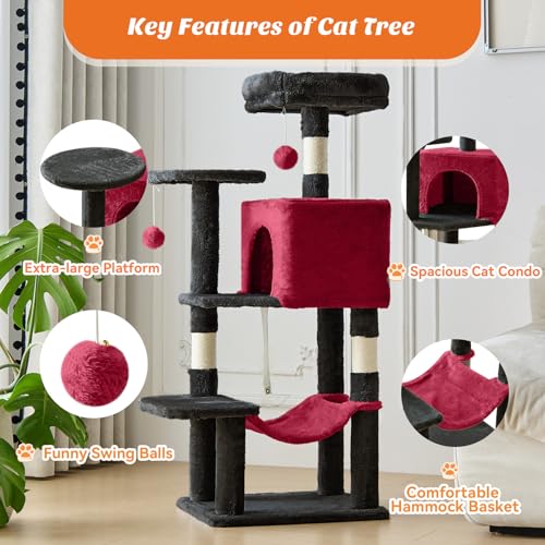 44 Inch Cat Tree Tower with Natural Sisal Scratching Posts (Black Red / 44 Inch)