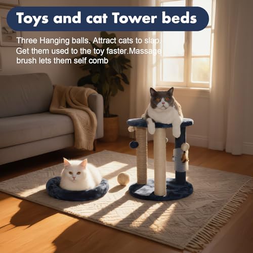 Cat Scratching Post Tree with Tower Soft Bed.Natural Quality Sisal Carpet Jute Scratch Posts with Three Hanging Ball Toys and Massage Brush for Indoor Cats and Kittens Blue (For indoor cats and kittens / Blue)