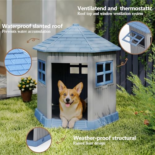 Dog House Indoor Outdoor Durable Large Dog Shelter with Outside Dog Kennel with Window and Elevated Floor for Small Medium Dogs (Blue / 34.8*30.51*36.89)