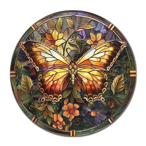 Metal Sign Tin Sign Circular Stained Glass Butterfly Funny Bathroom Decor for Garage 8×8 Inches (8×8 Inches / Butterfly-4)