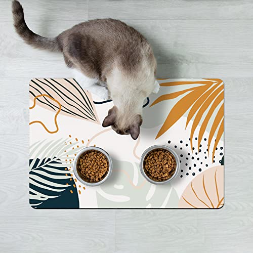 Dog Food Mat 12" x 19" Boho Absorbent Dog Cat Bowl Mat for Food and Water (Boho Tropical Leaves / 12"L x 19"W)