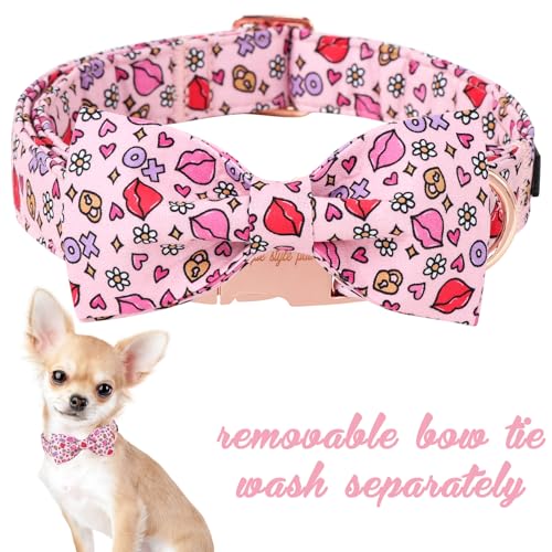 Valentine's Day Dog Collar with Bow Tie XO Red Lips Puppy Collar Best Gift for Small Medium Large Boys Girls (Small / red lips-bow)