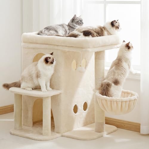 25.6" Cat Tree for Large Cats with Big Perch & Dual Condos HCT204SM (Beige / 25.6 inch)
