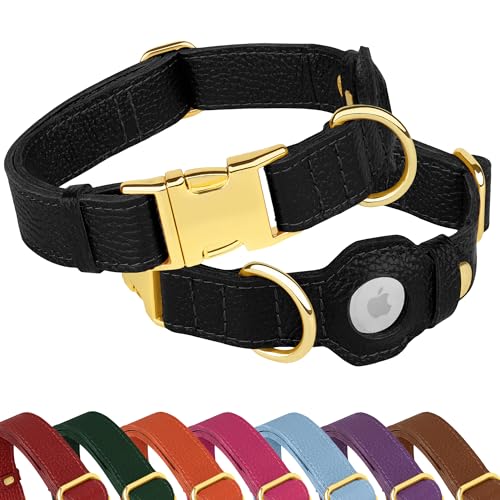 Leather Airtag Dog Collar (Black / M, 14"-18" Neck Fit)