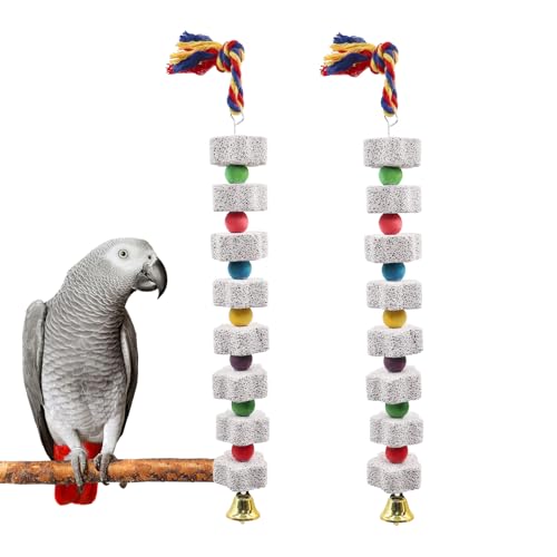 2 Pack Mineral Block Chew Toys with Colorful Beads and a Bell (Grey)