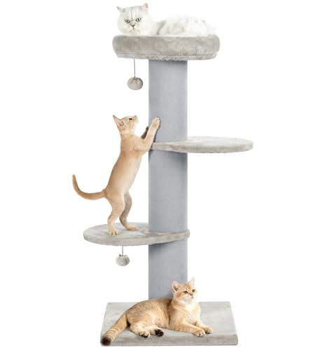 43" Short Plush Cat Scratching Post with Perch & Bed (Light Grey)